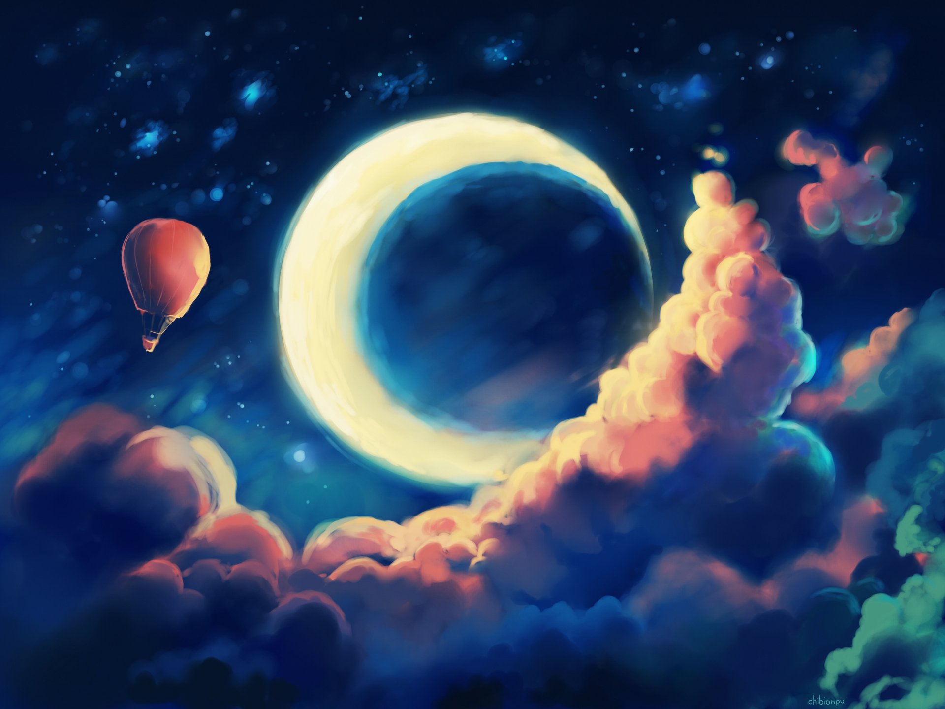 Download Night Moon Drawing Balloon Vehicle Hot Air Balloon HD Wallpaper by Chibionpu