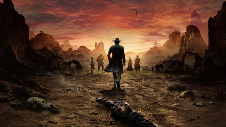 HD PC desktop wallpaper featuring a dramatic sunset scene from the video game Desperados III with a lone cowboy facing a group in a rugged desert landscape.