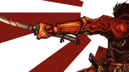 Dynamic HD PC desktop wallpaper of Toyohisa Shimazu from the anime Drifters, mid-swing with an orange armored gauntlet and katana against a bold red sunburst background.