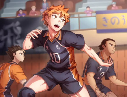 HD anime wallpaper of Shōyō Hinata from Haikyū!! in action on the volleyball court, showcasing dynamic movement and intense focus during a match.