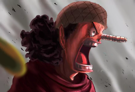 Usopp (One Piece) anime wallpaper: dramatic close-up of Usopp shouting with scarf and headwrap, elongated nose and furious expression, dynamic streaked background — 2K Quad HD PC desktop wallpaper.