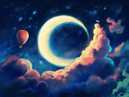 night moon drawing balloon vehicle hot air balloon HD Desktop Wallpaper | Background Image