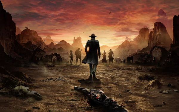 HD PC desktop wallpaper featuring a dramatic sunset scene from the video game Desperados III with a lone cowboy facing a group in a rugged desert landscape.