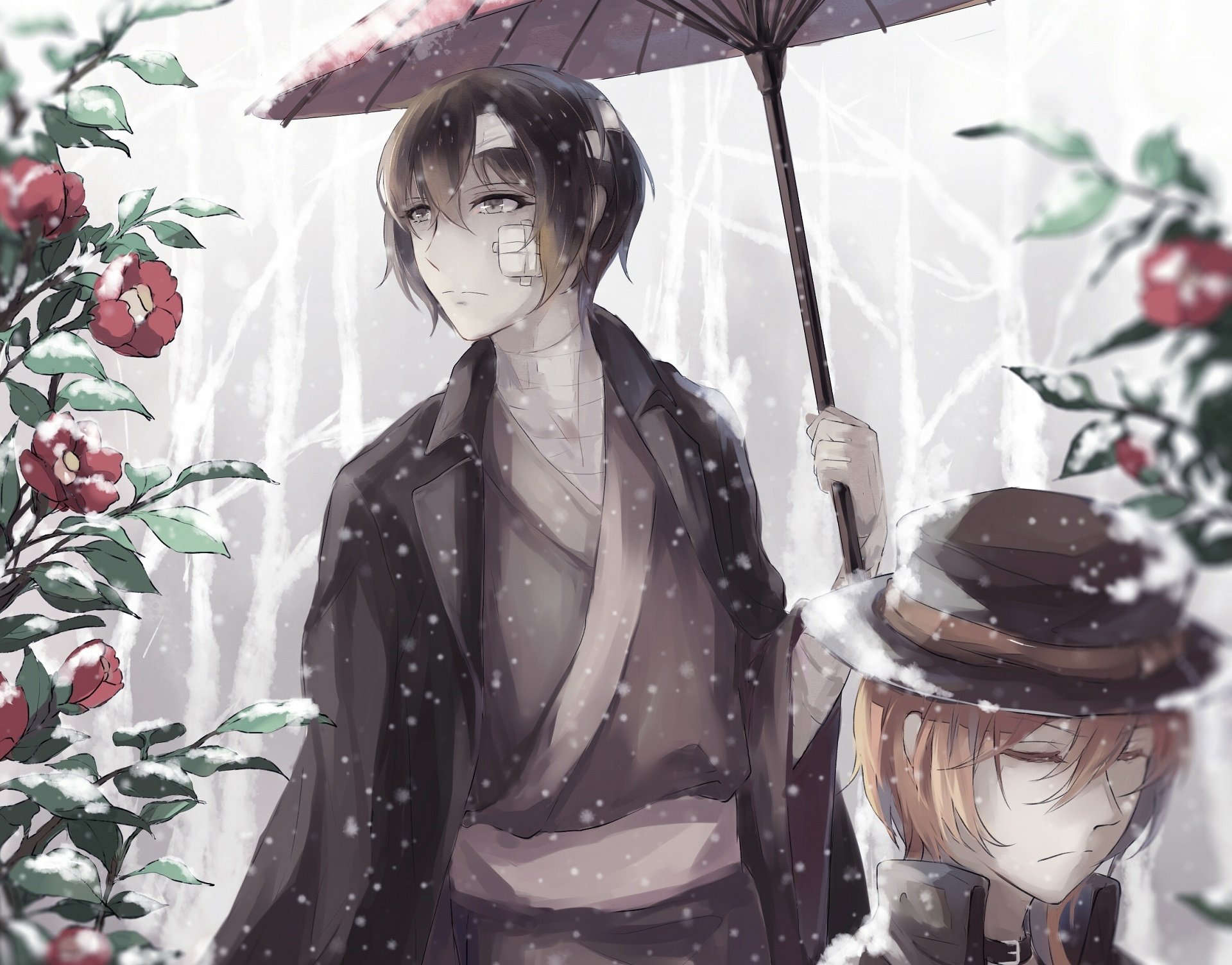 Anime Bungou Stray Dogs HD PC desktop wallpaper: two characters in a snowy forest—one holding an umbrella, snow falling, red roses framing the scene.