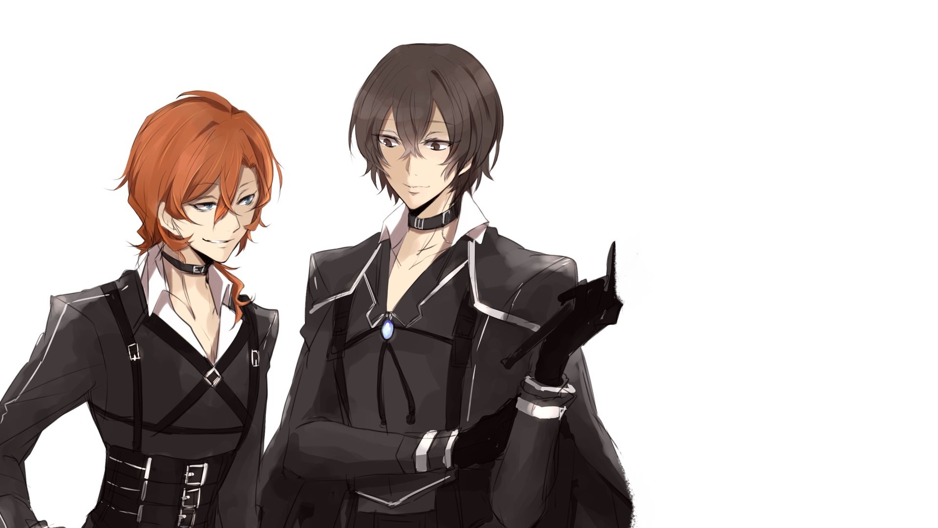 HD PC wallpaper showing Chuuya Nakahara and Osamu Dazai from Bungou Stray Dogs — two anime men in stylish dark coats posed against a clean white background.