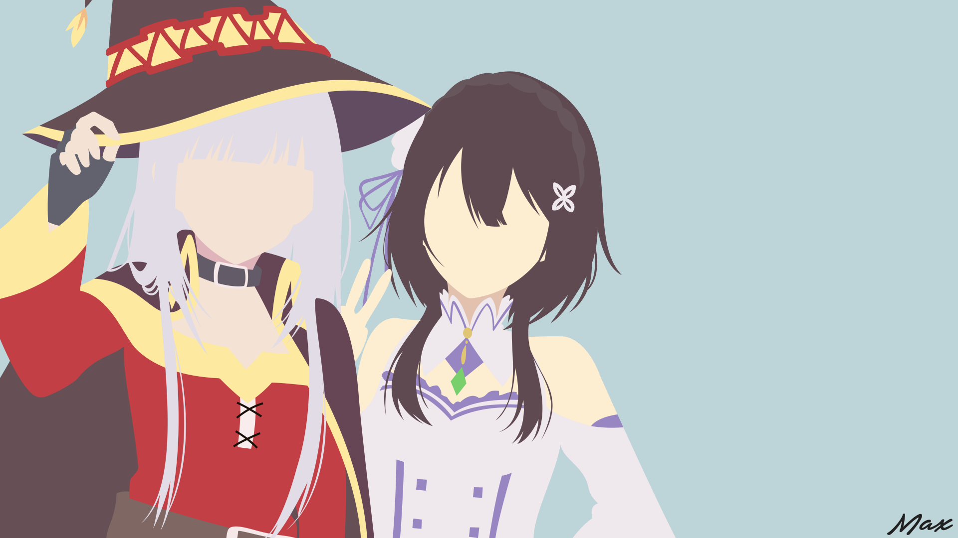 Minimalist anime crossover of Emilia (Re:ZERO) and Megumin (KonoSuba) side-by-side in pastel tones — 8K Ultra HD PC Desktop Wallpaper and Background.