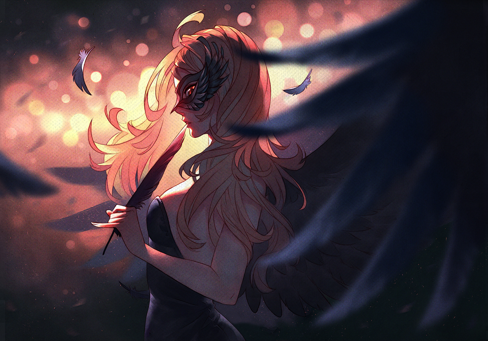 HD anime-style original artwork of a mysterious character with flowing hair, a mask, and dark wings set against a glowing, bokeh-filled background for PC desktop wallpaper.
