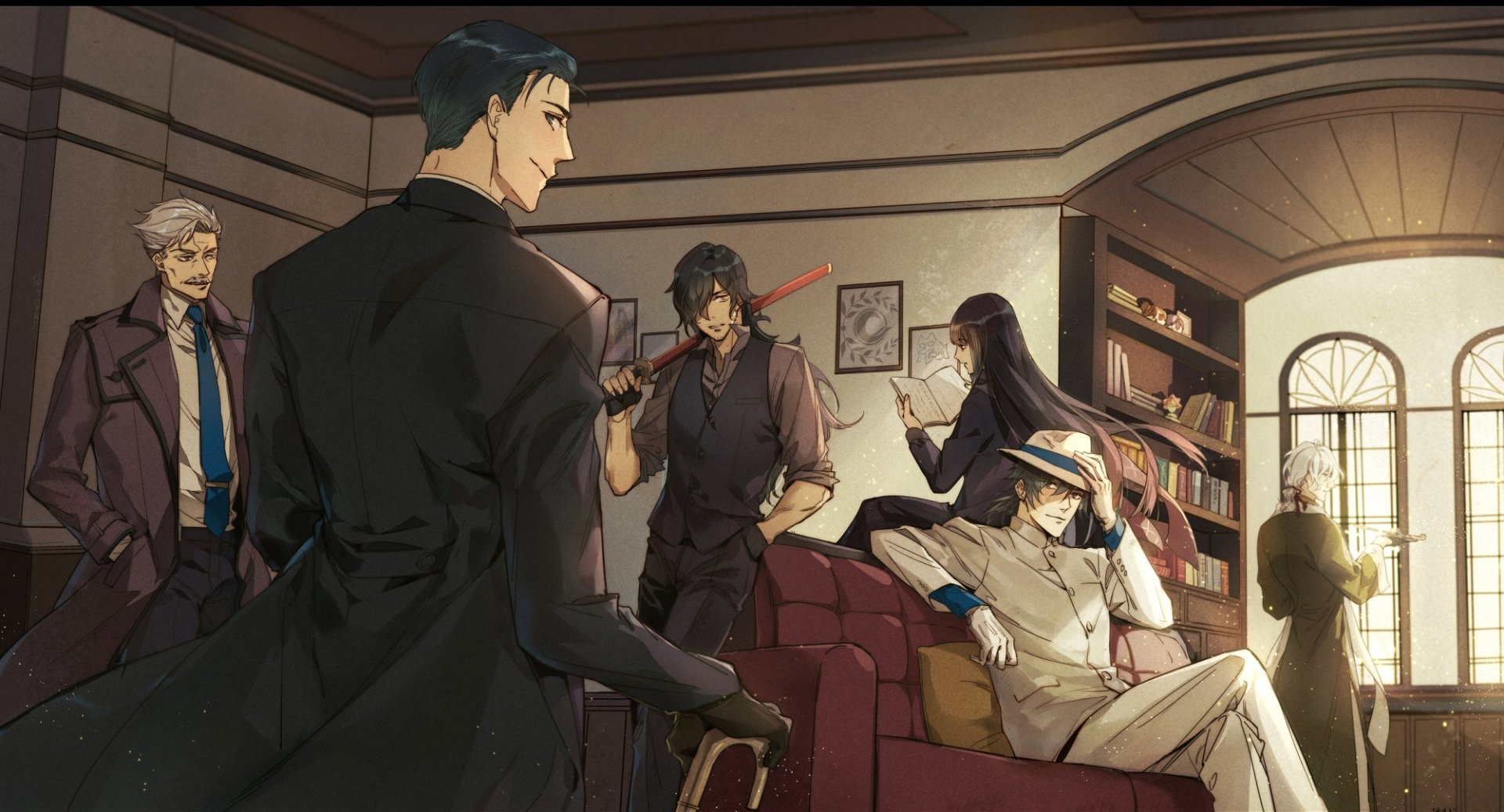 HD anime desktop wallpaper featuring Fate/Grand Order characters Edmond Dantes, Sherlock Holmes, James Moriarty, Okada Izou, Oryou, and Sakamoto Ryōma with katana.