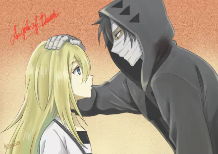 HD anime wallpaper featuring Rachel Gardner and Zack from Angels of Death, with Zack gently placing a hand on Rachel's head against a textured background.