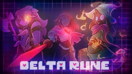 HD desktop wallpaper featuring Ralsei, Susie, and Kris from the video game Deltarune. The characters are dramatically posed with vibrant colors and a Delta Rune logo at the bottom.