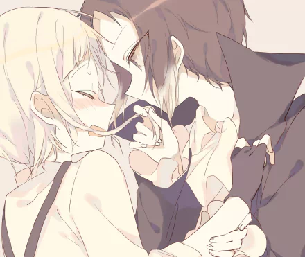 HD PC anime desktop wallpaper: Atsushi Nakajima and Ryūnosuke Akutagawa (Bungou Stray Dogs) share a blush-filled close moment, mouths linked by a single strand of pasta.