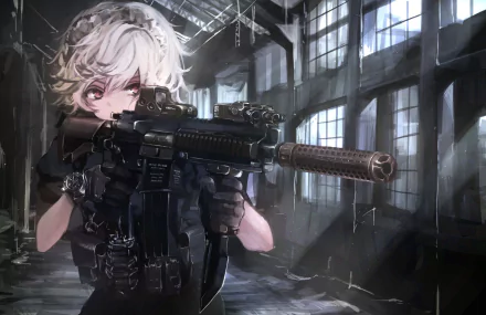 Anime-style HD desktop wallpaper of Sakuya Izayoi with short white hair, red eyes, a headdress, gloves, holding an assault rifle in a dimly lit industrial setting.