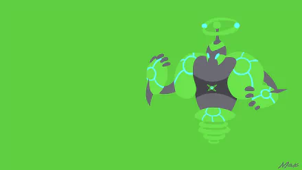 Anime-style Urayne (Pokémon) hovering in a neon green void, cybernetic coils and clawed hands — 8K Ultra HD PC desktop wallpaper and background.