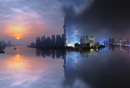 A manipulated HD image of Shanghai's skyline at night, reflecting in the water, blending seamlessly into a sunset on the left, creating a dramatic contrast.