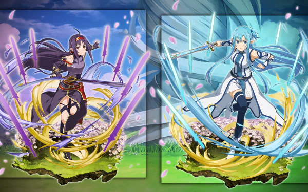 HD PC desktop wallpaper featuring Asuna Yuuki and Yuuki Konno from Sword Art Online: Memory Defrag in dynamic anime poses with vibrant magic effects.