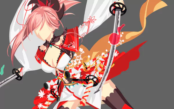 HD PC desktop wallpaper featuring Miyamoto Musashi from Fate/Grand Order in dynamic anime style with vibrant colors and flowing ribbons.