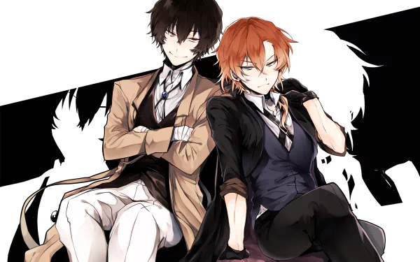 HD PC desktop wallpaper featuring anime characters Chuuya Nakahara and Osamu Dazai from Bungou Stray Dogs, posed confidently against a white background.