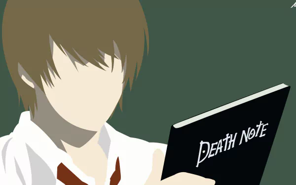 Minimalist 8K Ultra HD anime wallpaper of Light Yagami with brown hair, holding a Death Note book, rendered in a simple, clean style for PC desktop background.