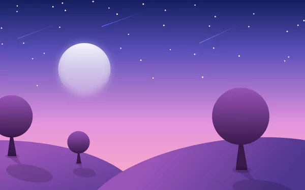 HD desktop wallpaper of a minimalist artistic landscape featuring a moon, shooting stars, and stylized trees on rolling hills against a gradient twilight sky.