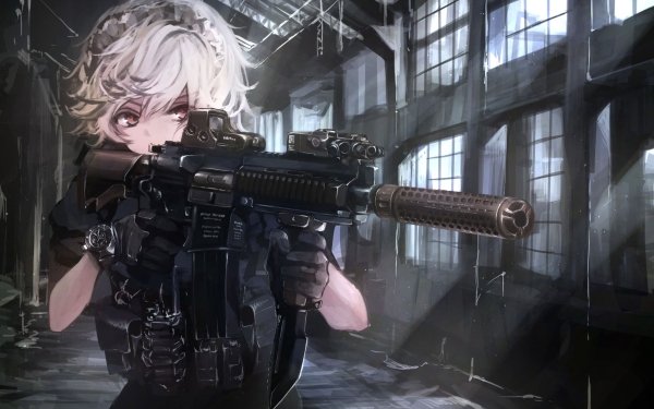 Anime Touhou Sakuya Izayoi Weapon Gun Assault Rifle White Hair Red Eyes Headdress Glove Short Hair HD Wallpaper | Background Image