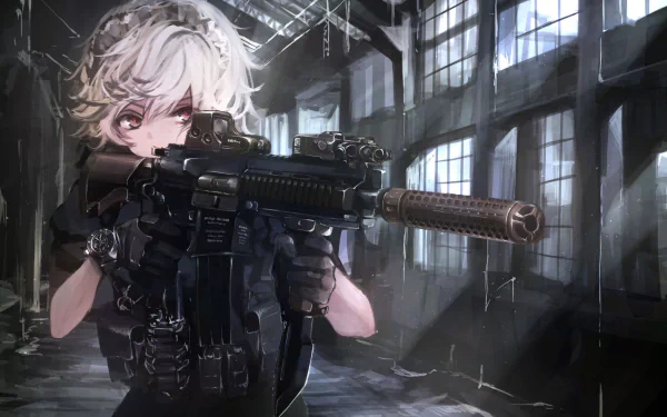 Anime-style HD desktop wallpaper of Sakuya Izayoi with short white hair, red eyes, a headdress, gloves, holding an assault rifle in a dimly lit industrial setting.