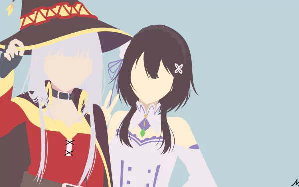 Minimalist anime crossover of Emilia (Re:ZERO) and Megumin (KonoSuba) side-by-side in pastel tones — 8K Ultra HD PC Desktop Wallpaper and Background.