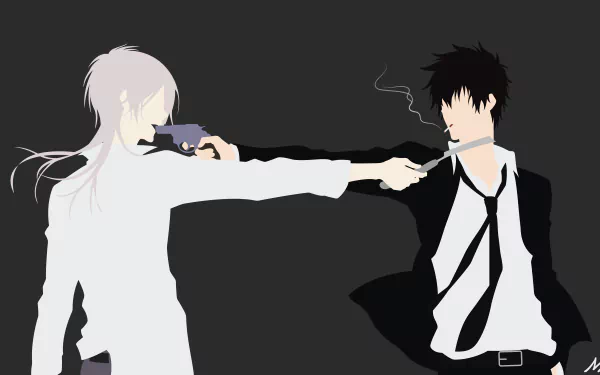 Minimalist 8K Ultra HD anime wallpaper featuring Shinya Kogami and Shougo Makishima from Psycho-Pass in a tense standoff with guns drawn against a dark background.