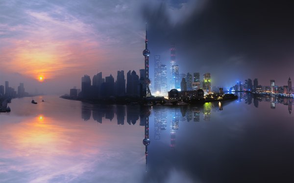 Fotografía Manipulación Ciudad China Shanghái Reflejo Noche Rascacielos Edificio Fondo de pantalla HD | Fondo de Escritorio