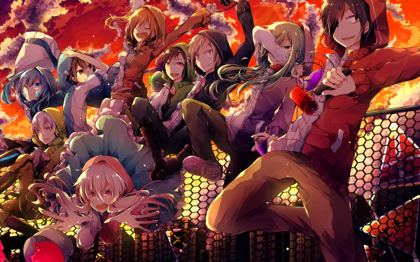Vibrant HD PC desktop wallpaper featuring a dynamic group of characters from the anime Kagerou Project against a fiery red and orange background.