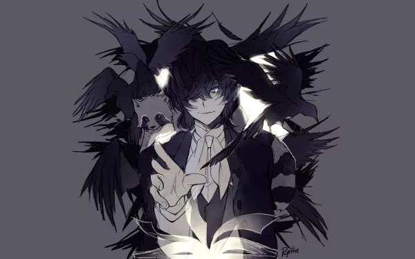 Edgar Allan Poe from Bungou Stray Dogs is depicted in a dark, atmospheric anime style, surrounded by ravens and an enigmatic aura, making it a striking HD desktop wallpaper.