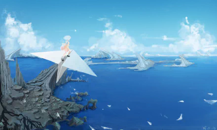 Anime original 2K Quad HD PC desktop wallpaper: lone figure on a giant paper glider above a rocky cliff, vast blue ocean with island arches and whale-shaped waves beneath a bright sky.