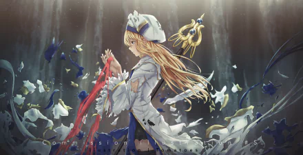 HD desktop wallpaper of the character Priestess from the anime Goblin Slayer, illustrated in an ethereal setting with flowing robes and ethereal light.