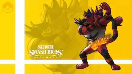 Incineroar (Pokémon) striking a fiery pose on a yellow 2K Quad HD Super Smash Bros. Ultimate video game desktop wallpaper/background.