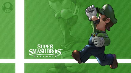 HD PC desktop wallpaper featuring Luigi from the video game Super Smash Bros. Ultimate in a dynamic pose on a green background.