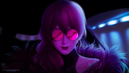4K Ultra HD PC desktop wallpaper featuring Evelynn from League of Legends, showcasing her with glowing pink glasses and a dark, neon-lit background.