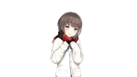 Anime-style original character with short brown hair and green eyes, wearing a white coat and red scarf, featured as an HD PC desktop wallpaper and background.