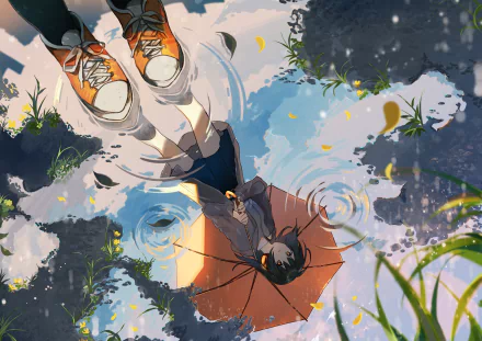 HD anime wallpaper featuring a reflection of a character with long black hair, orange eyes, wearing headphones and holding an umbrella. The scene is vibrant, with detailed surroundings and lively colors.