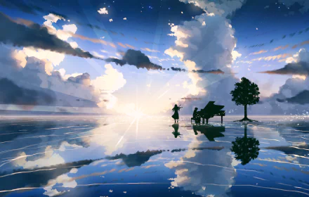 Anime characters Kaori Miyazono and Kousei Arima from Your Lie in April standing near a piano against a stunning sky backdrop, reflected on tranquil water, creating a serene and whimsical scene.