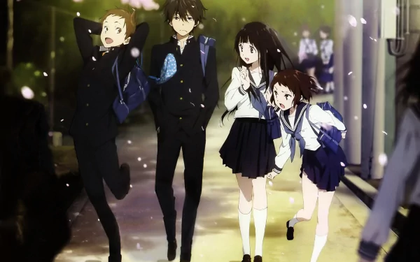 HD wallpaper featuring Hōtarō Oreki, Mayaka Ibara, Satoshi Fukube, and Eru Chitanda from the anime Hyouka, walking together on a pathway with cherry blossoms falling around them.