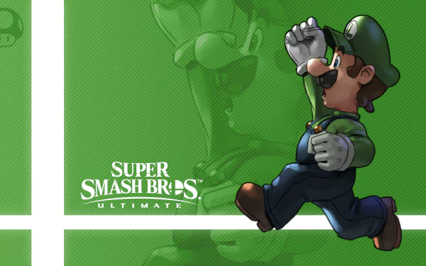 HD PC desktop wallpaper featuring Luigi from the video game Super Smash Bros. Ultimate in a dynamic pose on a green background.