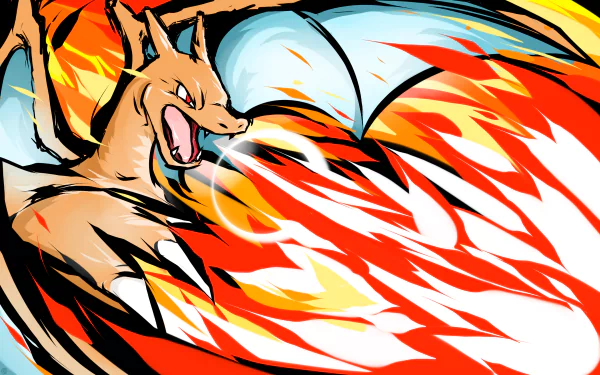 HD anime-style PC desktop wallpaper featuring Charizard from Pokémon unleashing a powerful fiery attack with dynamic flames in vibrant colors.
