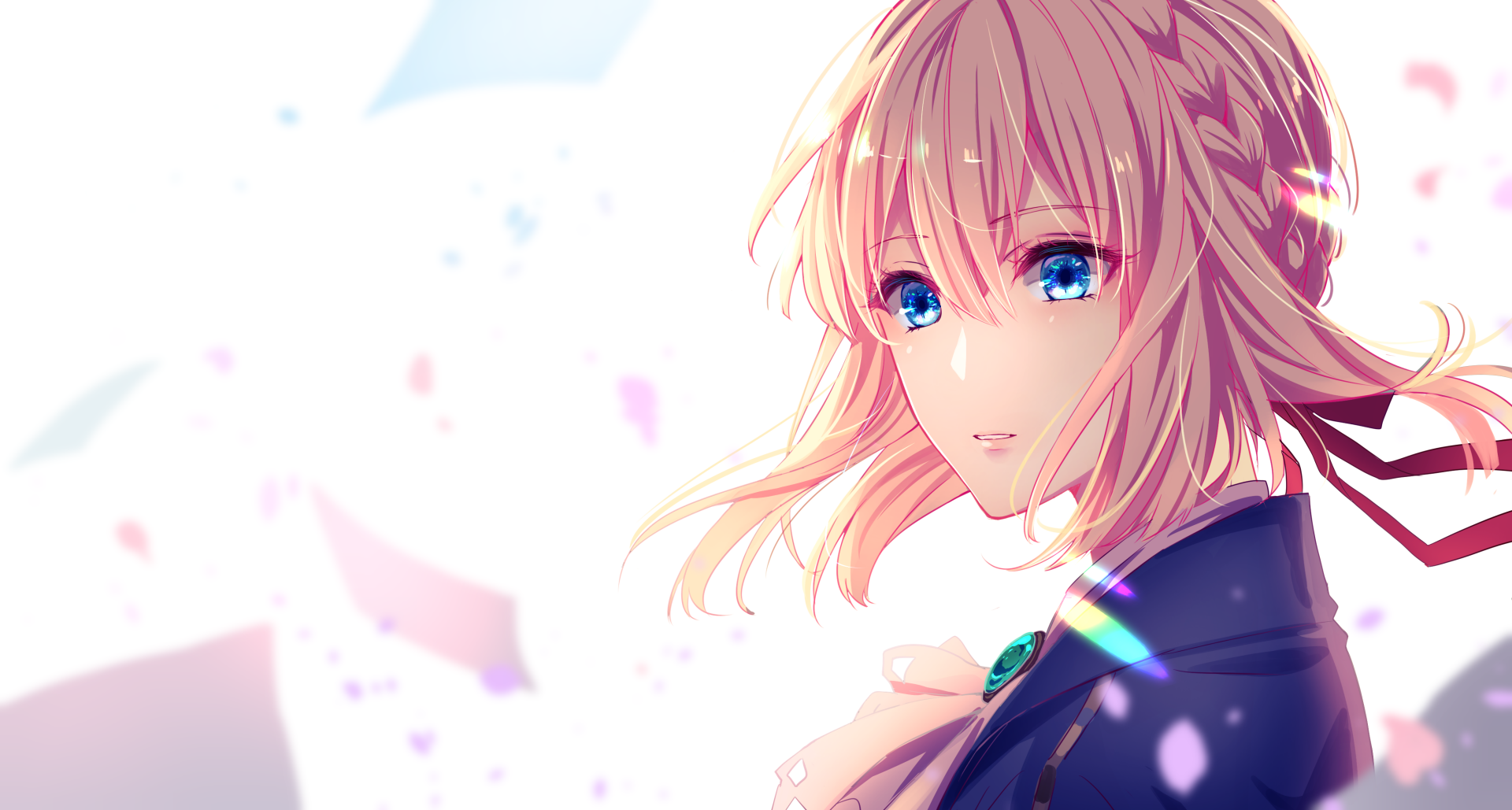 Anime-style 4K Ultra HD wallpaper featuring Violet Evergarden with blonde hair and striking blue eyes against a soft, light background.