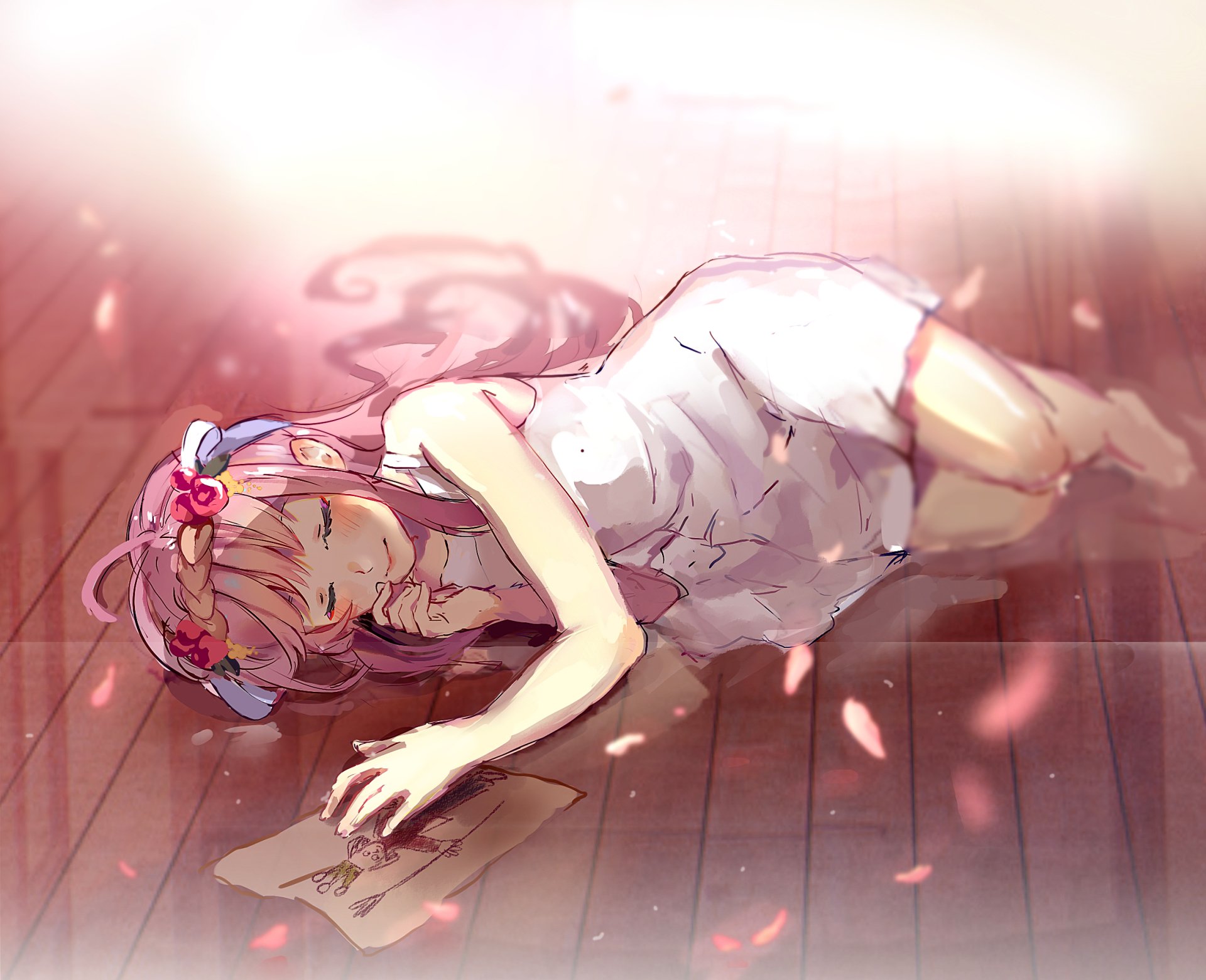 HD anime wallpaper featuring Zero Two from Darling in the FranXX lying peacefully on a wooden floor surrounded by soft pink petals.