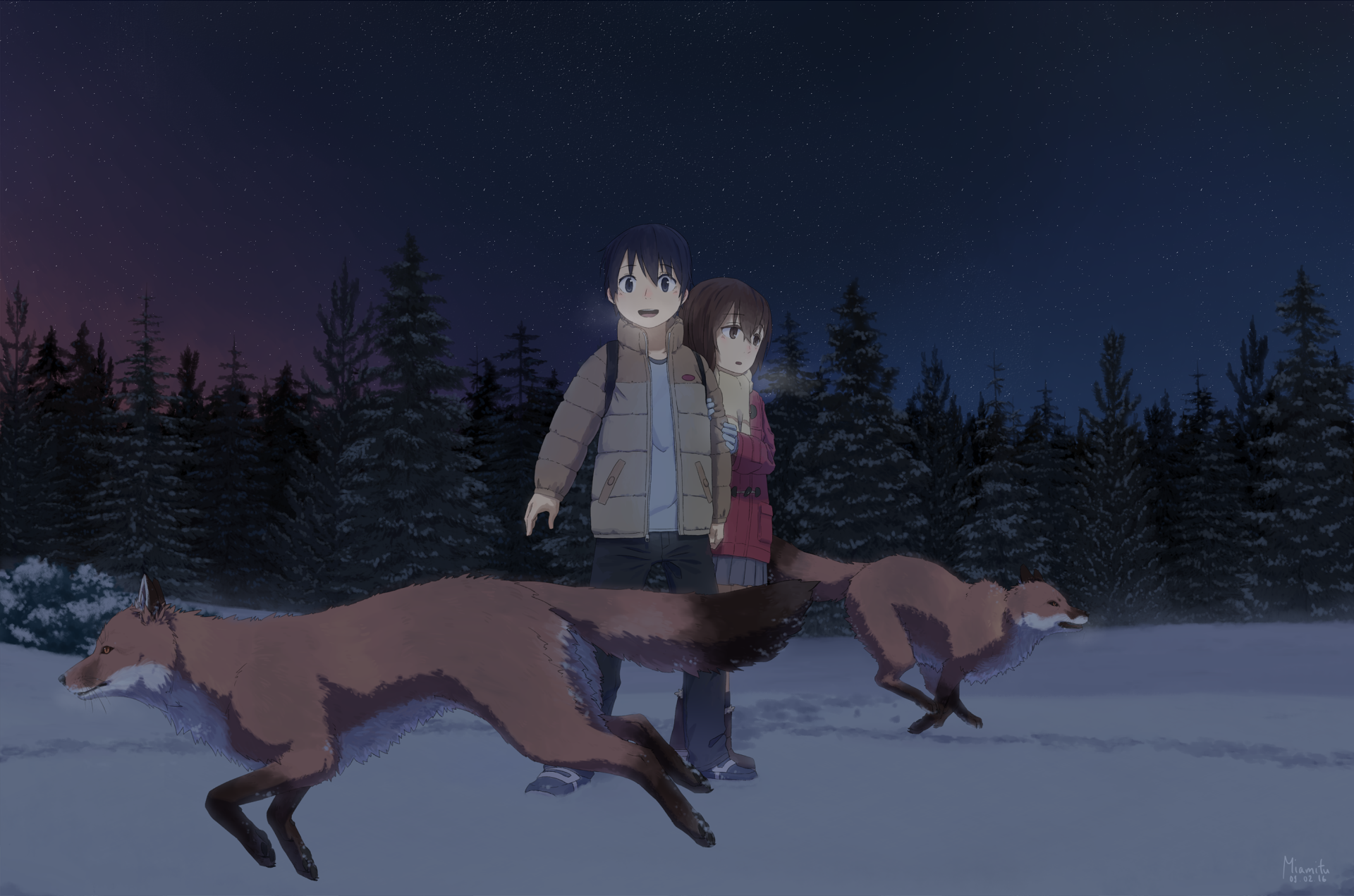 HD anime wallpaper featuring Kayo Hinazuki and Satoru Fujinuma from Erased, standing in a snowy forest with foxes running past at night.