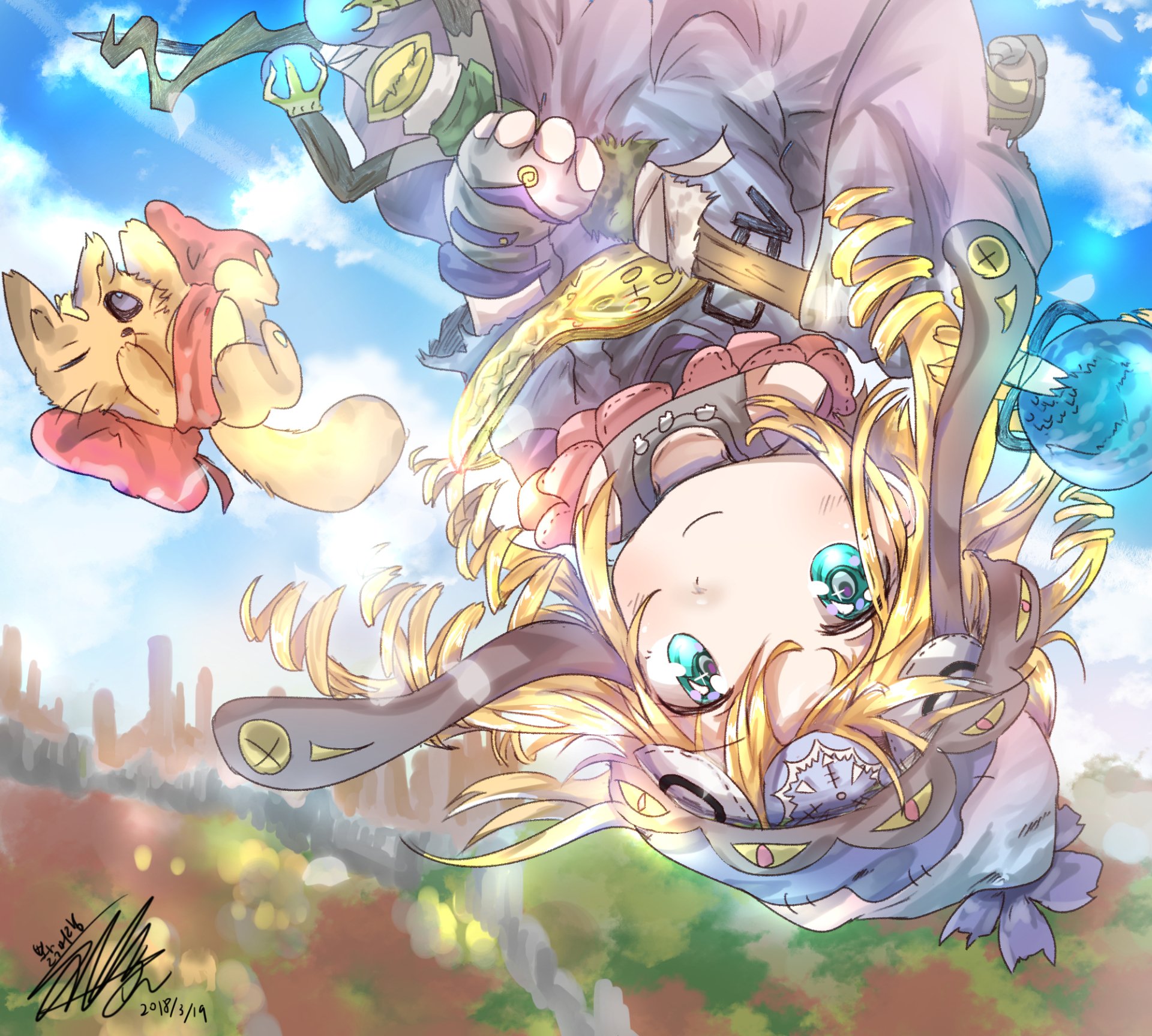 Anime, Original HD PC desktop wallpaper and background: cheerful blonde-haired girl with teal eyes hanging upside down in a bright sky, wearing ornate armor and a fox-like companion.