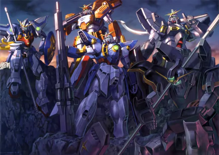 HD anime wallpaper featuring multiple Mobile Suit Gundam mechs in dynamic poses against a dramatic, cloudy sky background.