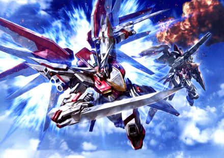 4K Ultra HD anime wallpaper featuring dynamic Mobile Suit Gundam mechas soaring through a vibrant sky with intense energy effects and detailed mechanical designs.