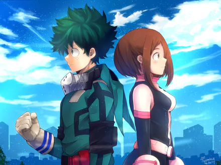 HD anime wallpaper featuring Ochaco Uraraka and Izuku Midoriya from My Hero Academia standing back-to-back against a bright blue sky.