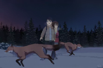 HD anime wallpaper featuring Kayo Hinazuki and Satoru Fujinuma from Erased, standing in a snowy forest with foxes running past at night.