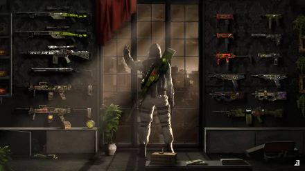 4K Ultra HD PC desktop wallpaper featuring a Counter-Strike: Global Offensive character standing with weapons displayed on both sides in a dimly lit room.